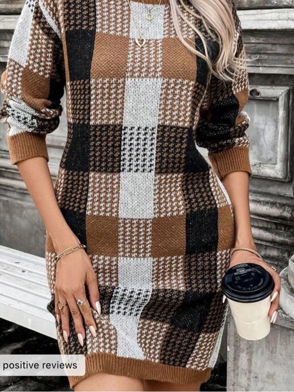 Brown Plaid Knit Sweater Dress